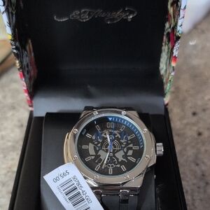 Ed Hardy Silver and Black Men's Watch